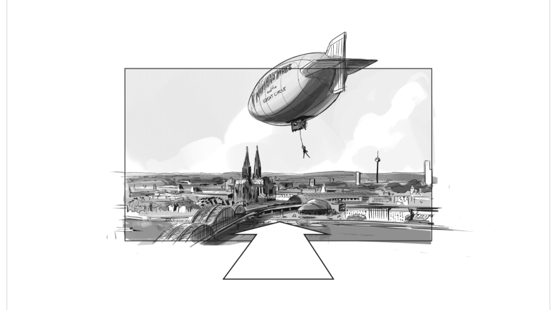 STORYBOARD THE JOURNEY (2024, Artist: Storybomb) Luftschiff schwebt über einer Stadtansicht in Schwarz-Weiß-Illustration.